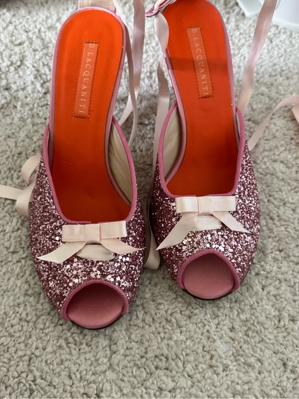 D. Lacquaniti Pink Glitter Peep Toe Lace-Up Ribbon Heels Size 37 / US 7